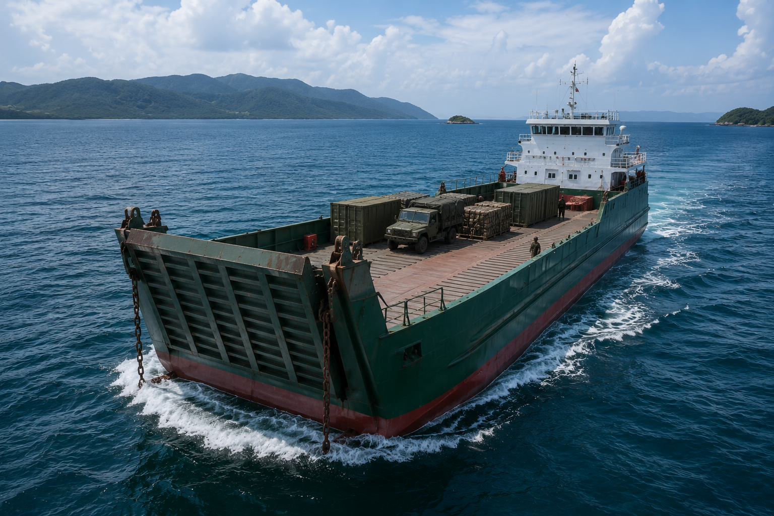 Maritime vessel delivering equipment to a remote island