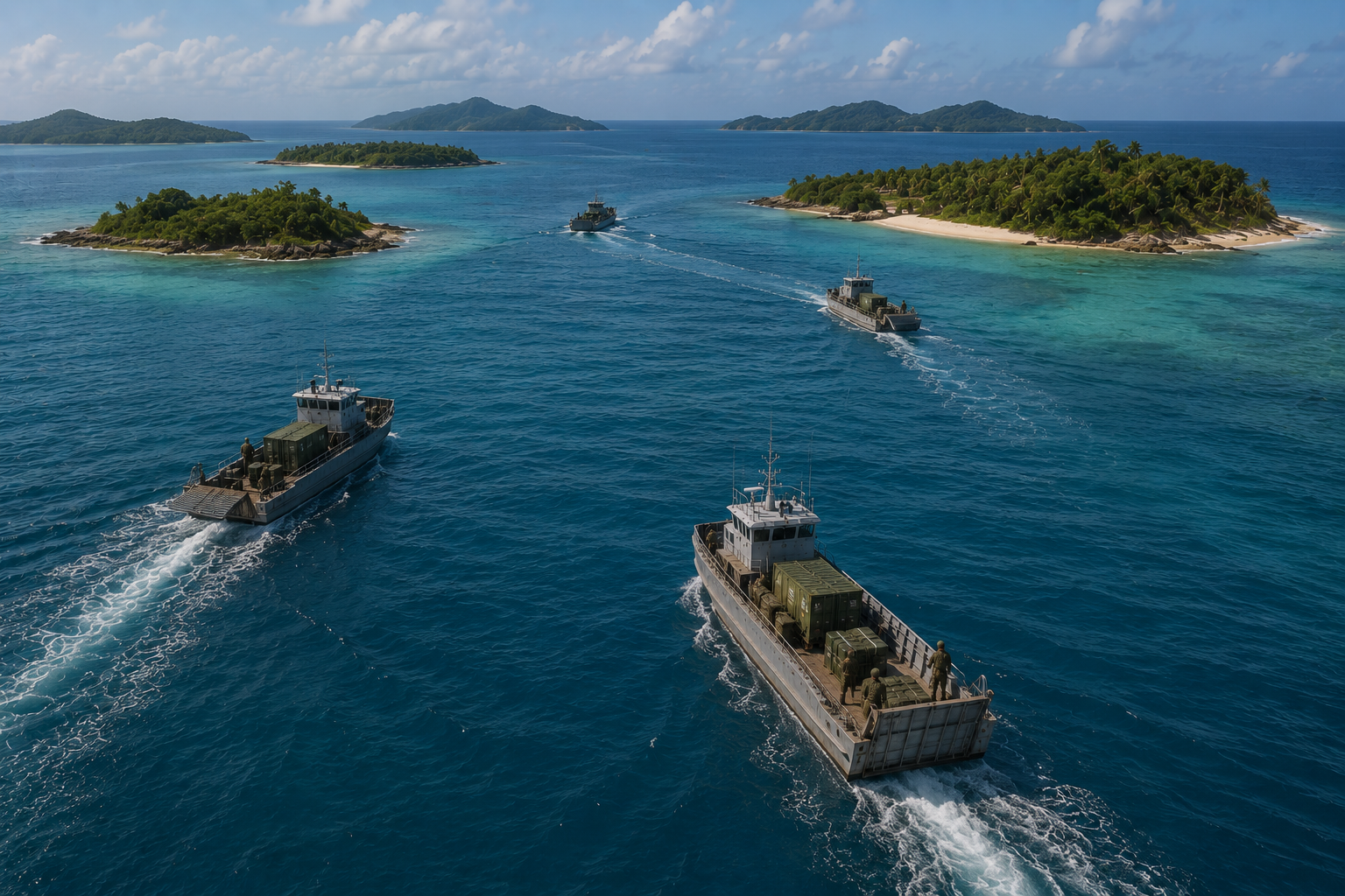 Multiple maritime vessels operating across island terrain