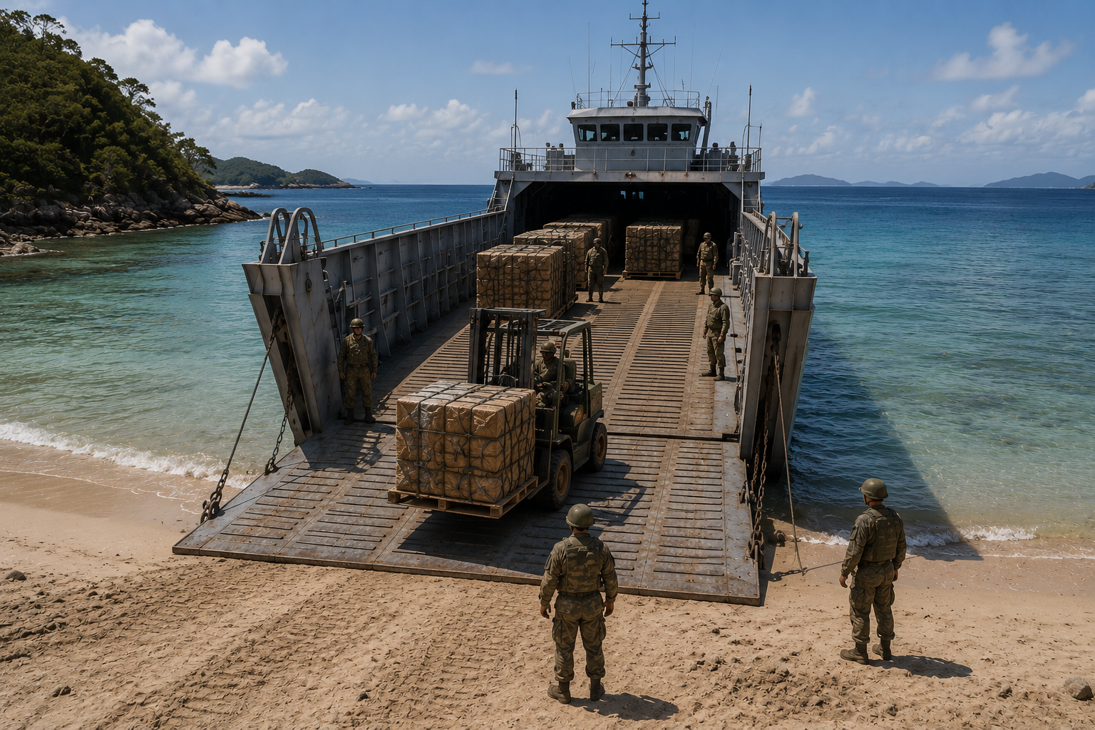 Equipment being moved aboard a maritime vessel
